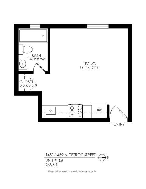 Floor plan for studio, 1 bath, 265 sqft